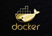 a golden docker logo on a black background
