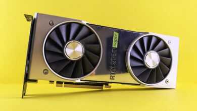 A close up of a video card on a yellow background