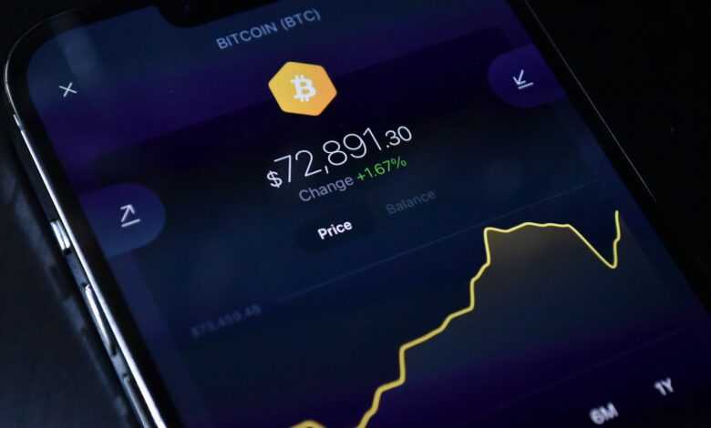 a cell phone displaying bitcoin on the screen