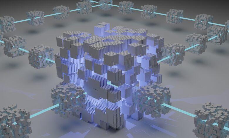 a computer generated image of a cube surrounded by smaller cubes